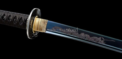 1095 Kohlenstoffstahl Katana Blaue Klinge Japanisches Samurai-Schwert Full Tang Schwarz 