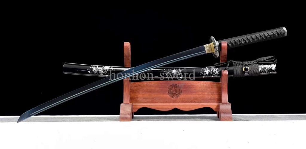 1095 Kohlenstoffstahl Katana Blaue Klinge Japanisches Samurai-Schwert Full Tang Schwarz 