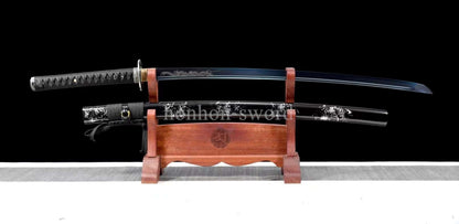 1095 Kohlenstoffstahl Katana Blaue Klinge Japanisches Samurai-Schwert Full Tang Schwarz 