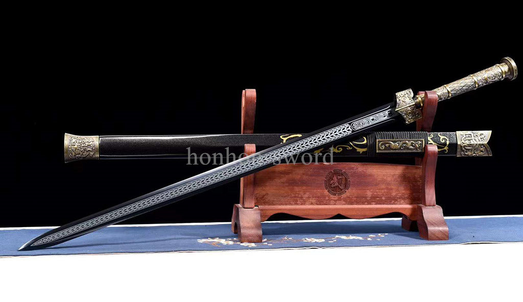 High Quality 1095 Carbon Steel Chinese Jian 剑 Real Sword Straight Black Blade for Display