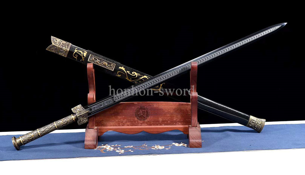 High Quality 1095 Carbon Steel Chinese Jian 剑 Real Sword Straight Black Blade for Display