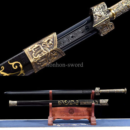 High Quality 1095 Carbon Steel Chinese Jian 剑 Real Sword Straight Black Blade for Display
