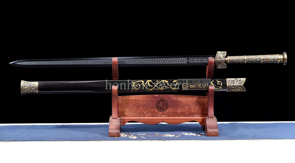 High Quality 1095 Carbon Steel Chinese Jian 剑 Real Sword Straight Black Blade for Display