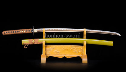 Katana en acier à haute teneur en manganèse, épée de samouraï japonais, prête pour la bataille, Saya blanche dorée 