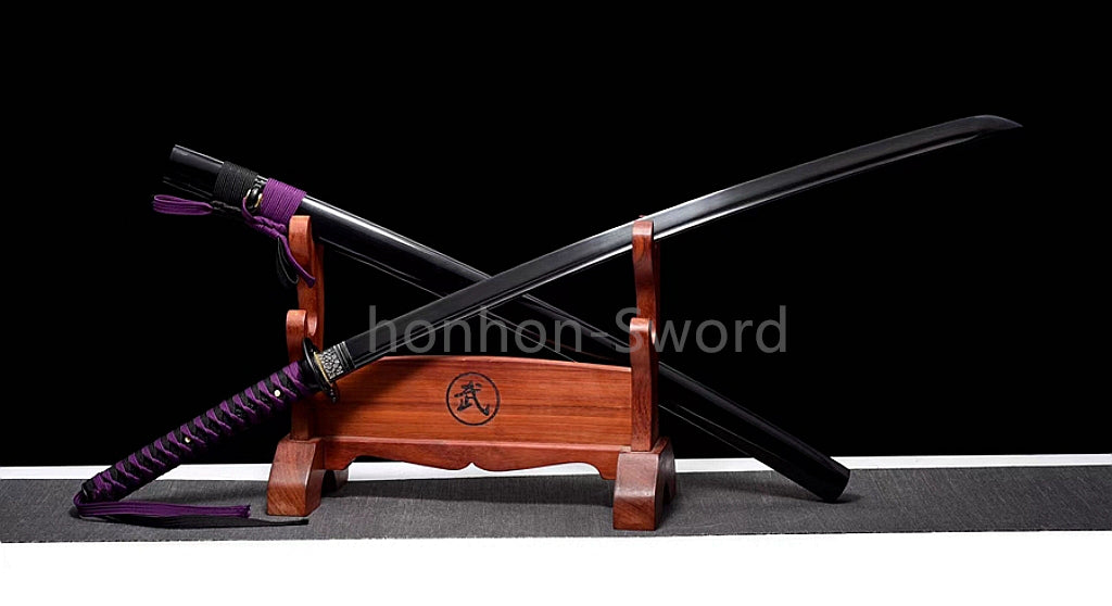 1095 Kohlenstoffstahl Katana Blaue Klinge Japanisches Samurai-Schwert Full Tang Schwarz 