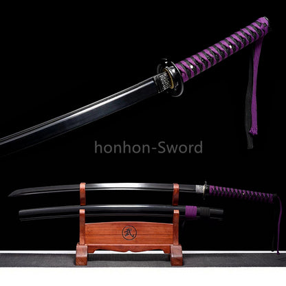 1095 Kohlenstoffstahl Katana Blaue Klinge Japanisches Samurai-Schwert Full Tang Schwarz 