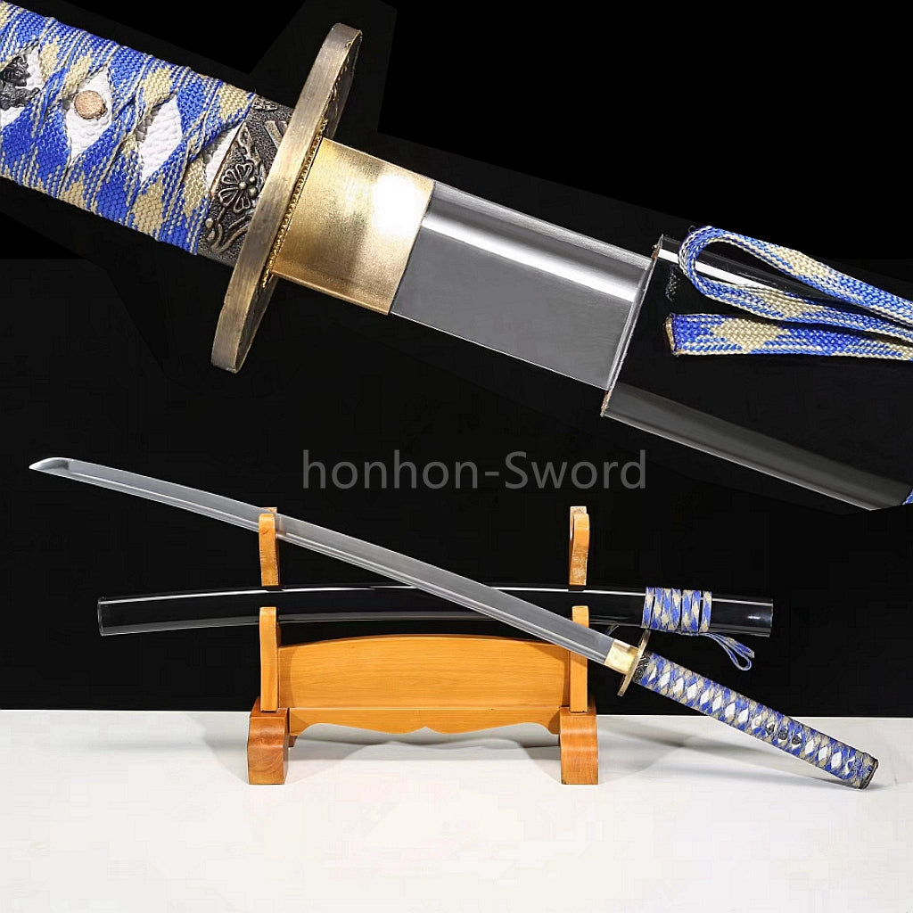 1095 Kohlenstoffstahl Katana Blaue Klinge Japanisches Samurai-Schwert Full Tang Schwarz 