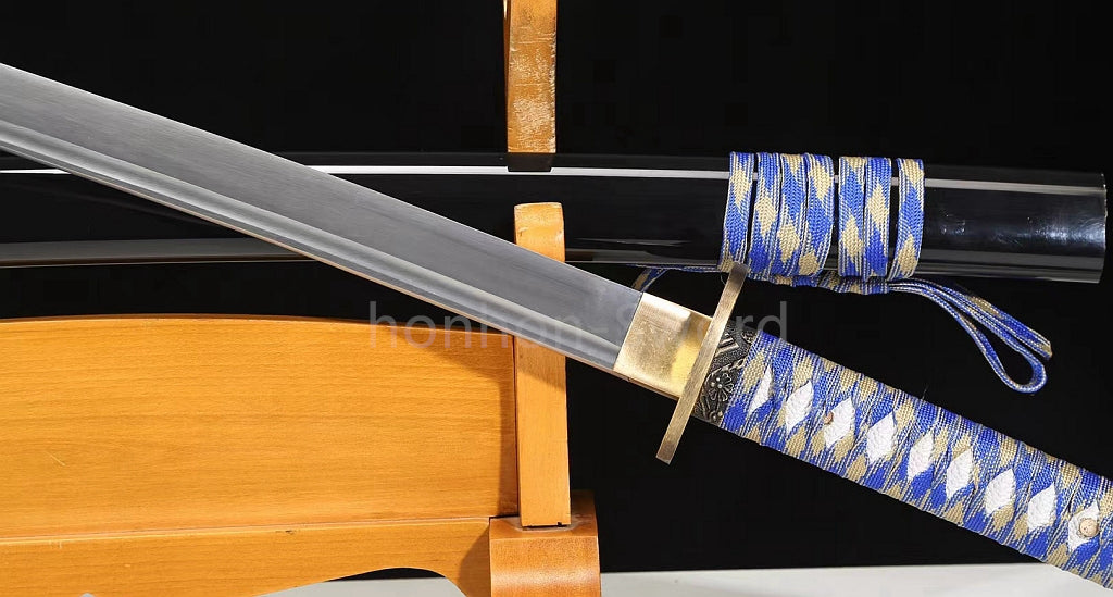 1095 Kohlenstoffstahl Katana Blaue Klinge Japanisches Samurai-Schwert Full Tang Schwarz 