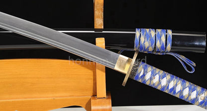 1095 Kohlenstoffstahl Katana Blaue Klinge Japanisches Samurai-Schwert Full Tang Schwarz 