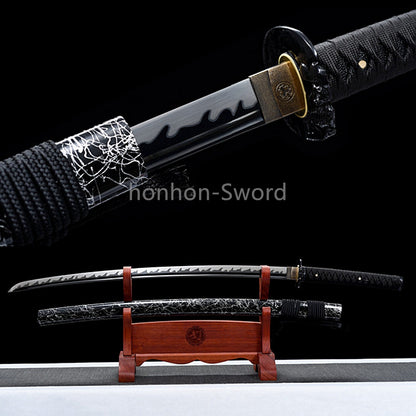 1095 Kohlenstoffstahl Katana Blaue Klinge Japanisches Samurai-Schwert Full Tang Schwarz 