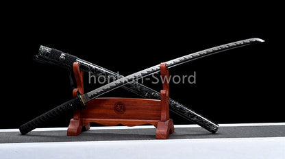 1095 Kohlenstoffstahl Katana Blaue Klinge Japanisches Samurai-Schwert Full Tang Schwarz 