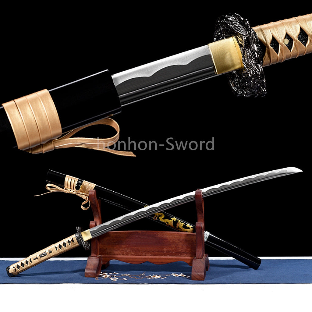 1095 Kohlenstoffstahl Katana Blaue Klinge Japanisches Samurai-Schwert Full Tang Schwarz 