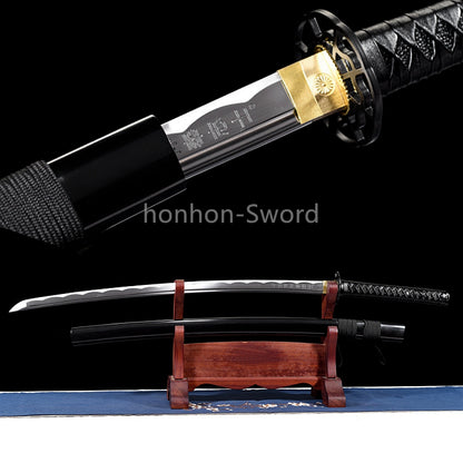 1095 Kohlenstoffstahl Katana Blaue Klinge Japanisches Samurai-Schwert Full Tang Schwarz 