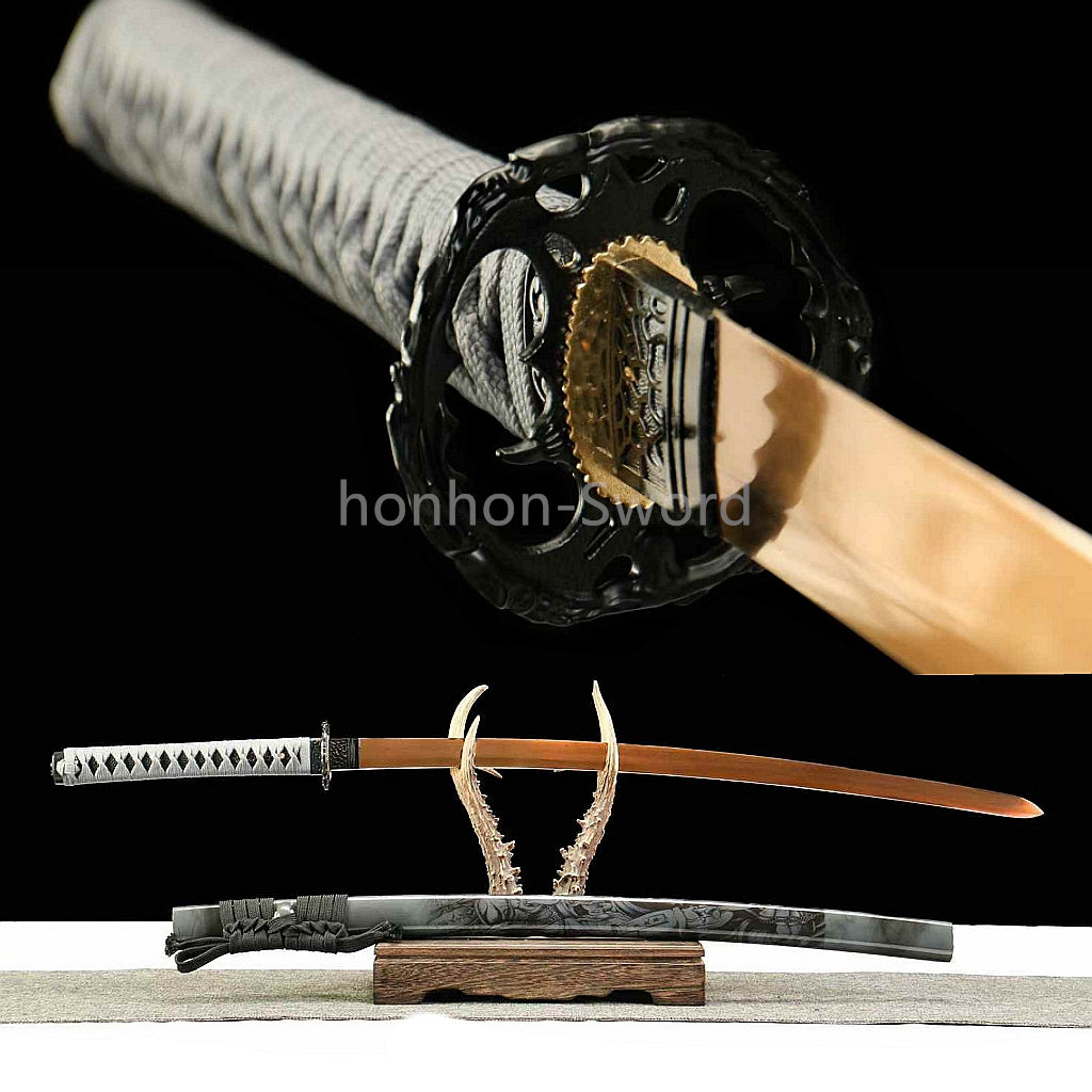 1095 Kohlenstoffstahl Katana Blaue Klinge Japanisches Samurai-Schwert Full Tang Schwarz 
