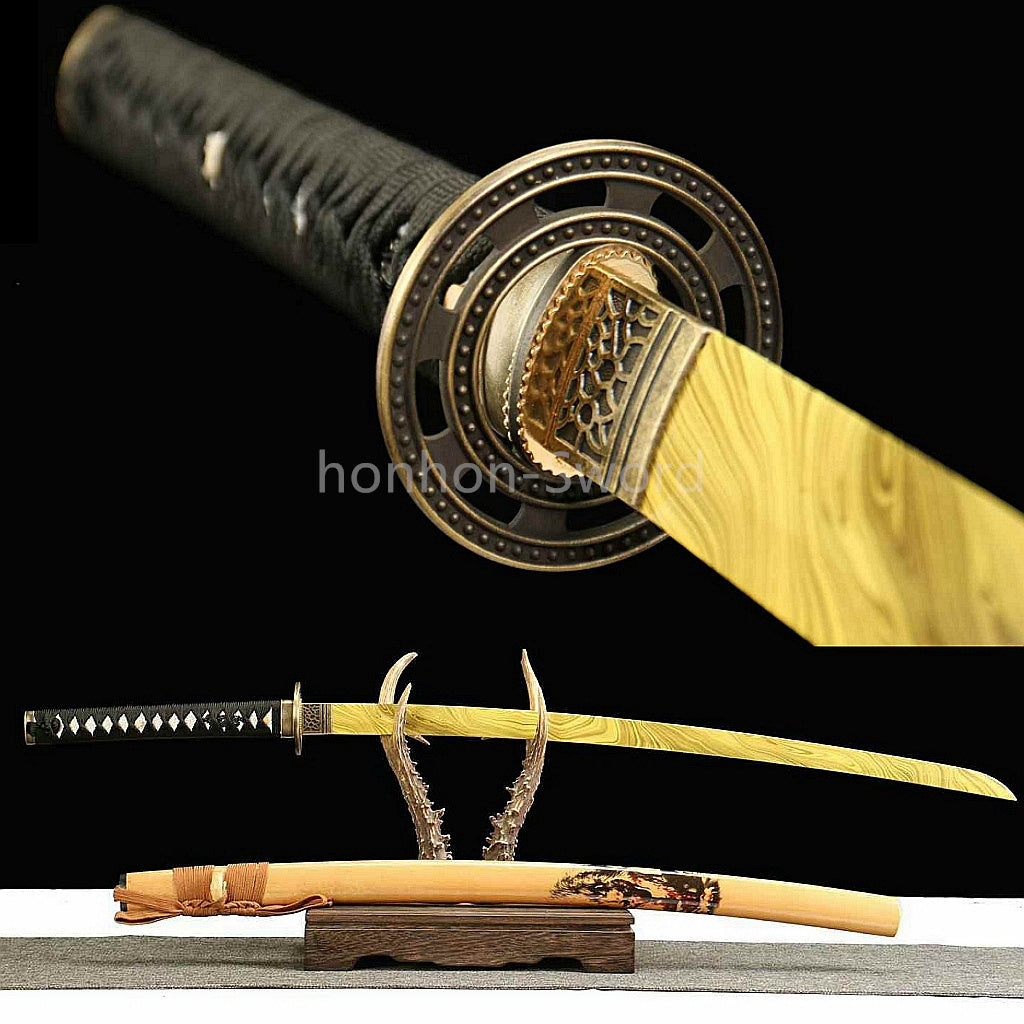 1095 Kohlenstoffstahl Katana Blaue Klinge Japanisches Samurai-Schwert Full Tang Schwarz 