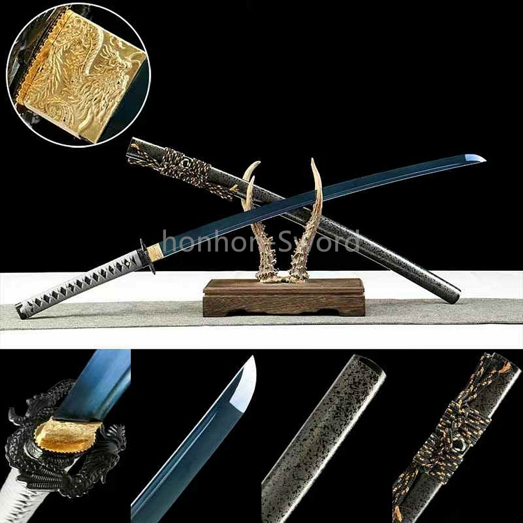 Katana à lame bleue en acier à haute teneur en carbone 1095, épée de samouraï japonais, épée complète noire 