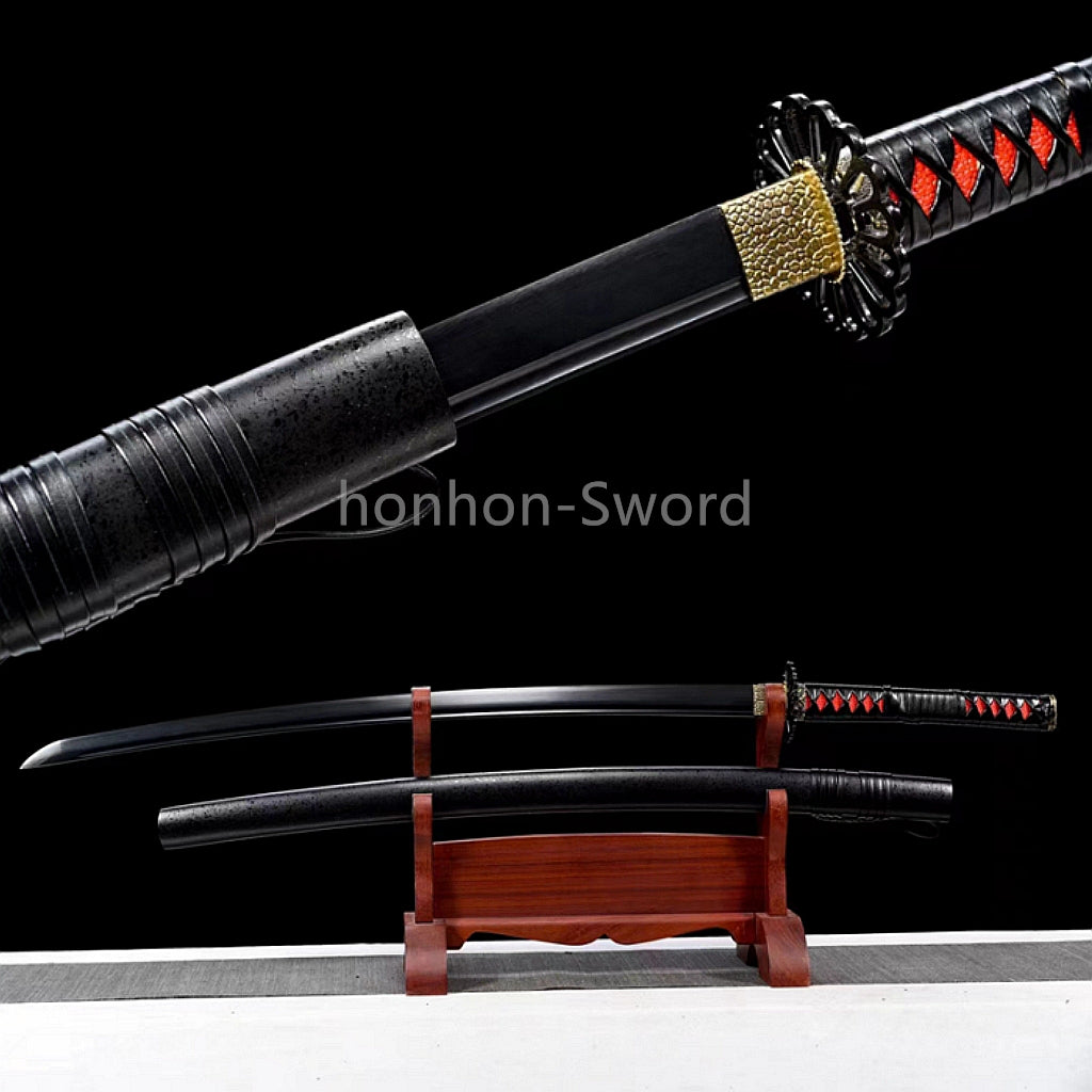 1095 Kohlenstoffstahl Katana Blaue Klinge Japanisches Samurai-Schwert Full Tang Schwarz 