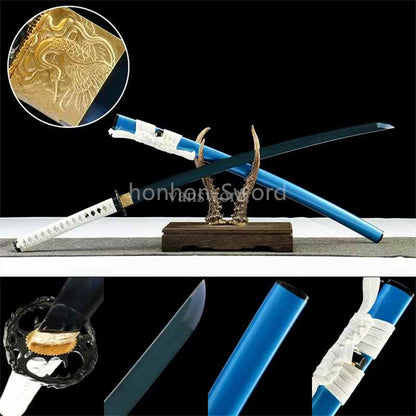 1060 Carbon Steel Functional Katana Japanese Samurai Sword Full Tang Blue Blade
