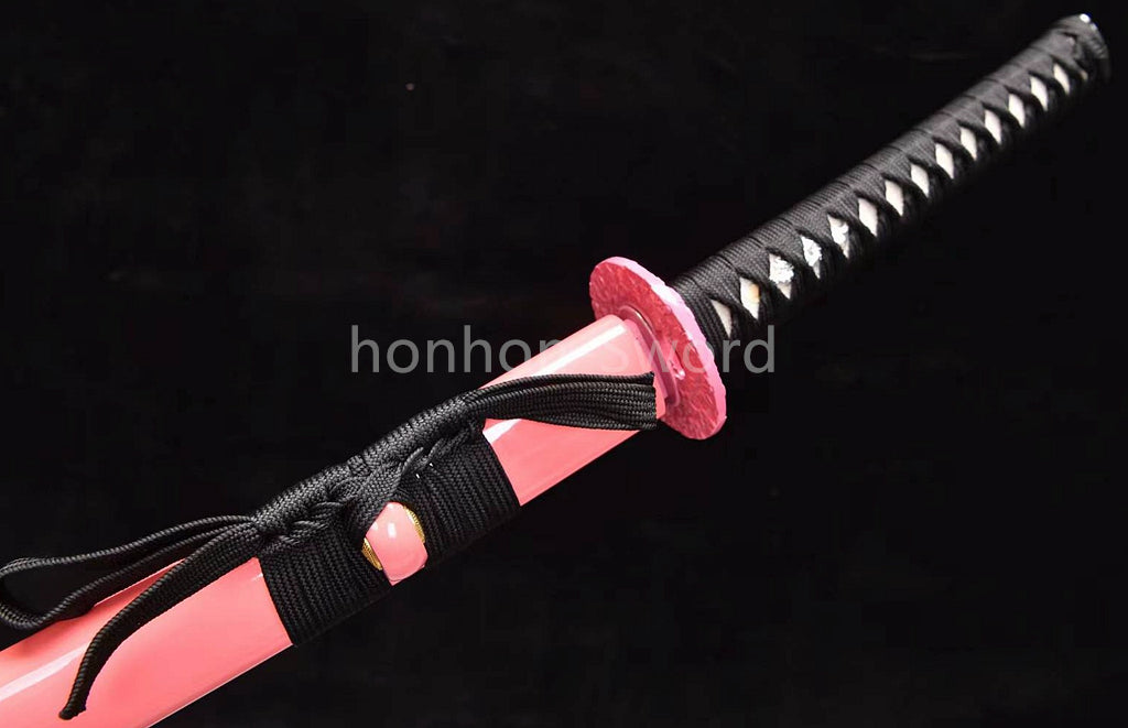 Japanisches Katana-Samurai-Schwert aus hochmanganhaltigem Stahl, Full Tang, kampfbereit, goldene weiße Saya 