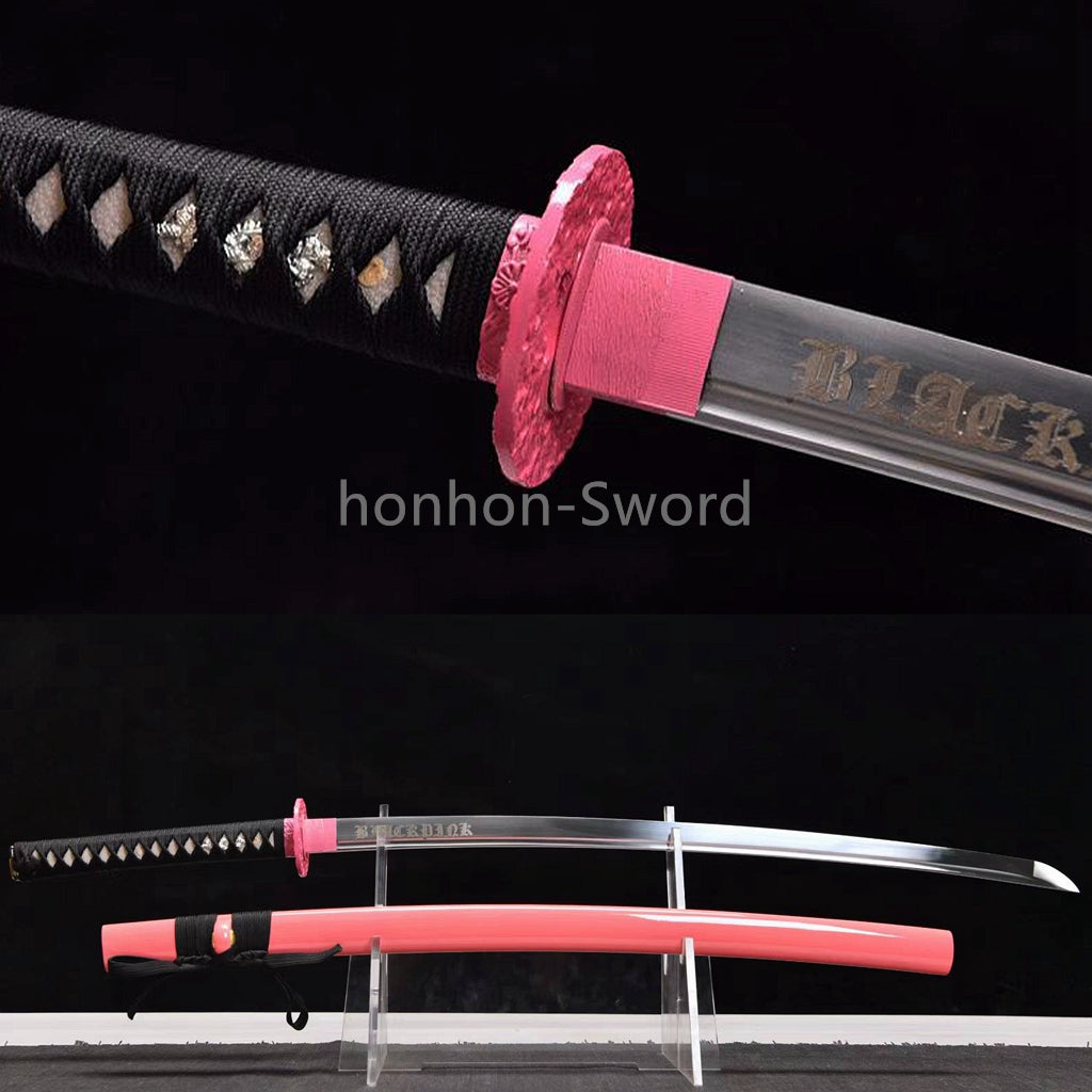 Japanisches Katana-Samurai-Schwert aus hochmanganhaltigem Stahl, Full Tang, kampfbereit, goldene weiße Saya 