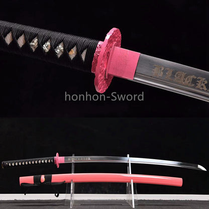 Japanisches Katana-Samurai-Schwert aus hochmanganhaltigem Stahl, Full Tang, kampfbereit, goldene weiße Saya 