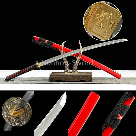 High Manganese Steel Japanese Katana Samurai Sword Full Tang Red Battle Ready