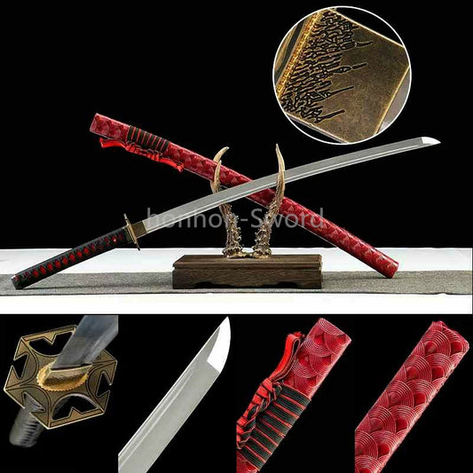 High Manganese Steel Japanese Katana Samurai Sword Full Tang Red Battle Ready