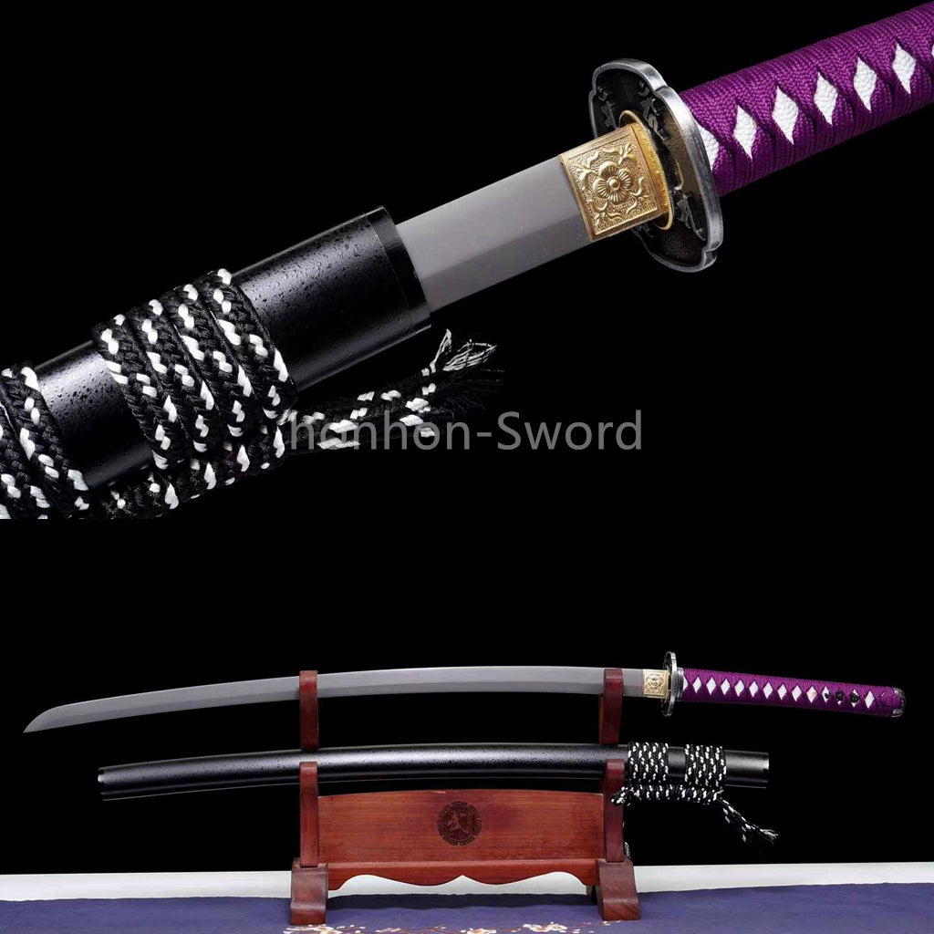 1095 Kohlenstoffstahl Katana Blaue Klinge Japanisches Samurai-Schwert Full Tang Schwarz 