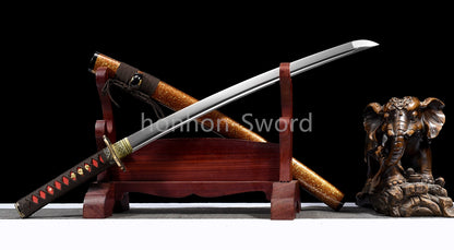 Katana en acier à haute teneur en manganèse, épée de samouraï japonais, prête pour la bataille, Saya blanche dorée 