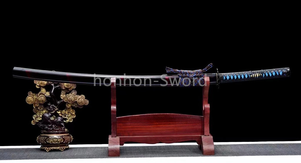 1095 Kohlenstoffstahl Katana Blaue Klinge Japanisches Samurai-Schwert Full Tang Schwarz 