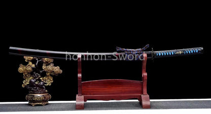 1095 Kohlenstoffstahl Katana Blaue Klinge Japanisches Samurai-Schwert Full Tang Schwarz 