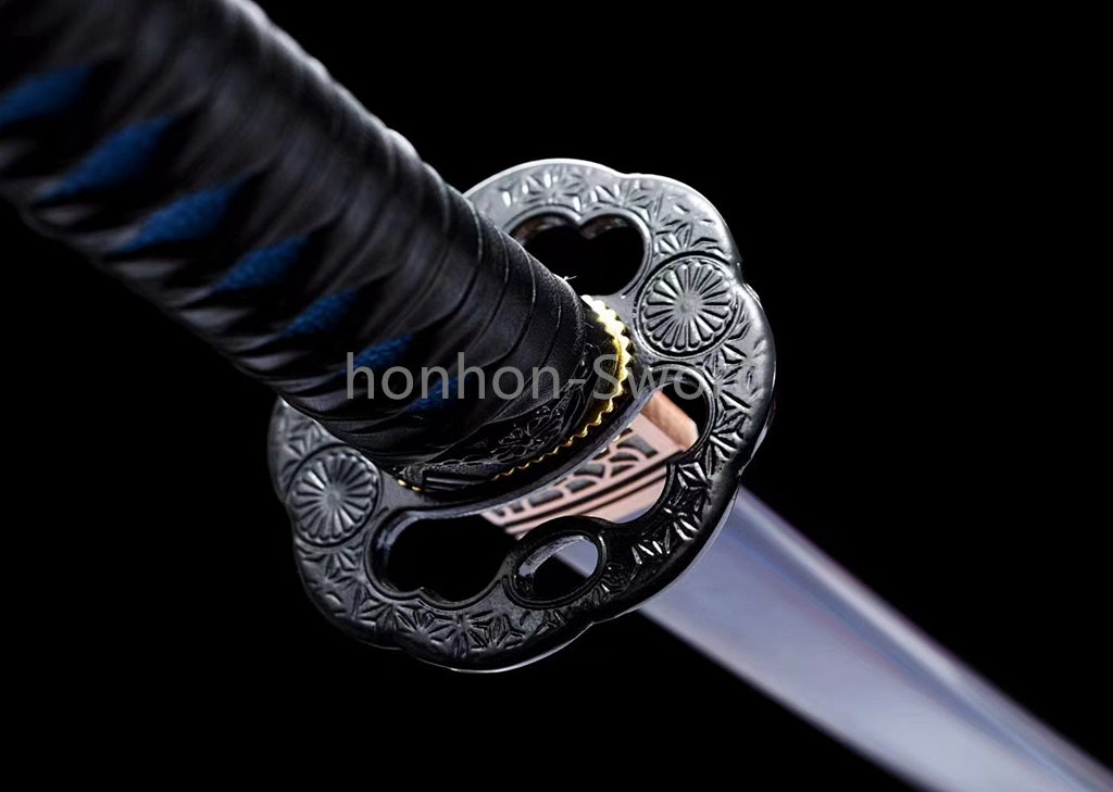 1095 Kohlenstoffstahl Katana Blaue Klinge Japanisches Samurai-Schwert Full Tang Schwarz 