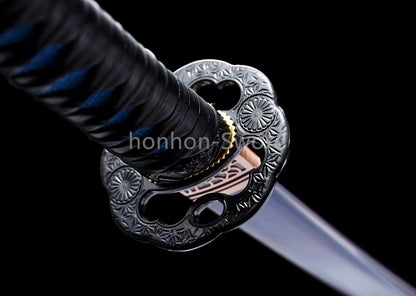 1095 Kohlenstoffstahl Katana Blaue Klinge Japanisches Samurai-Schwert Full Tang Schwarz 