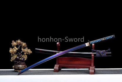 1095 Kohlenstoffstahl Katana Blaue Klinge Japanisches Samurai-Schwert Full Tang Schwarz 