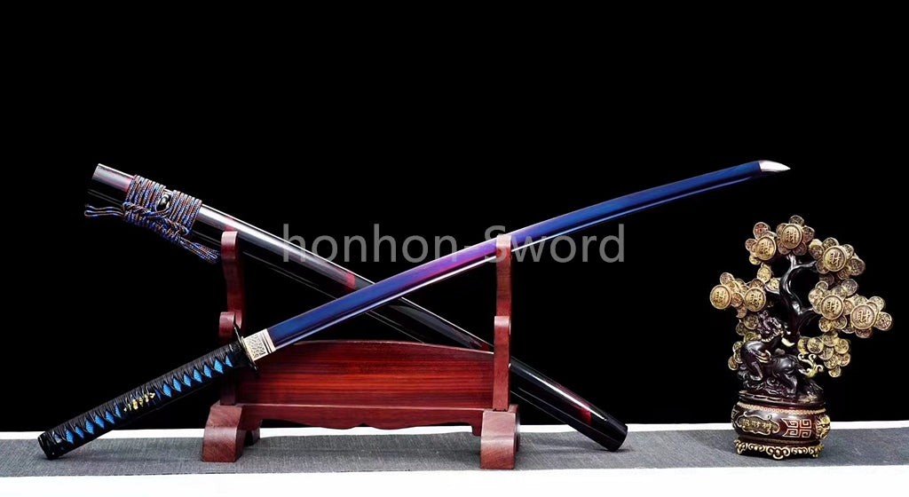 1095 Kohlenstoffstahl Katana Blaue Klinge Japanisches Samurai-Schwert Full Tang Schwarz 