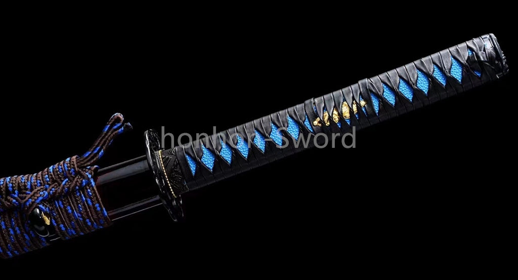 1095 Kohlenstoffstahl Katana Blaue Klinge Japanisches Samurai-Schwert Full Tang Schwarz 