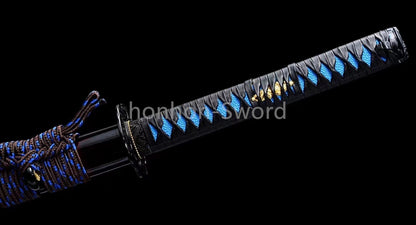 1095 Kohlenstoffstahl Katana Blaue Klinge Japanisches Samurai-Schwert Full Tang Schwarz 