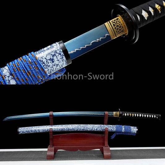 High Manganese Steel Japanese Katana Blue Blade Samurai Sword Full Tang Sharp
