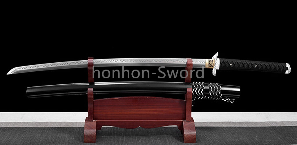 1095 Kohlenstoffstahl Katana Blaue Klinge Japanisches Samurai-Schwert Full Tang Schwarz 