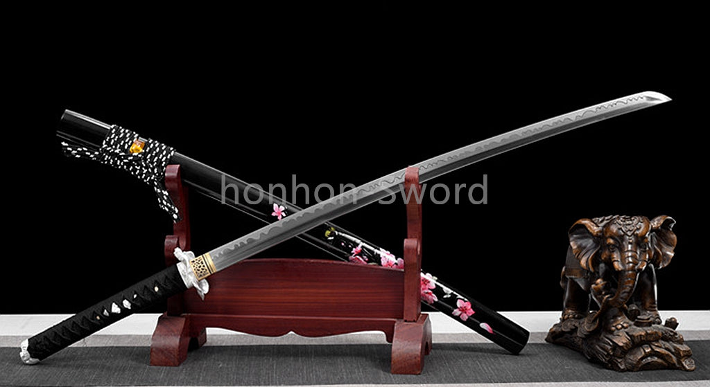 1095 Kohlenstoffstahl Katana Blaue Klinge Japanisches Samurai-Schwert Full Tang Schwarz 