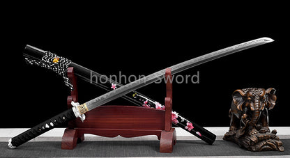 1095 Kohlenstoffstahl Katana Blaue Klinge Japanisches Samurai-Schwert Full Tang Schwarz 