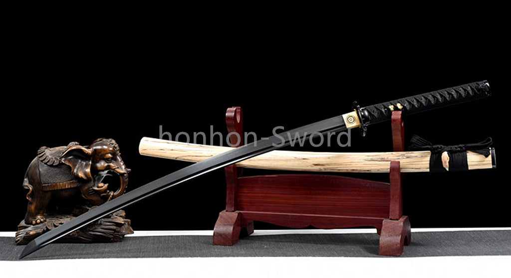 1095 Kohlenstoffstahl Katana Blaue Klinge Japanisches Samurai-Schwert Full Tang Schwarz 