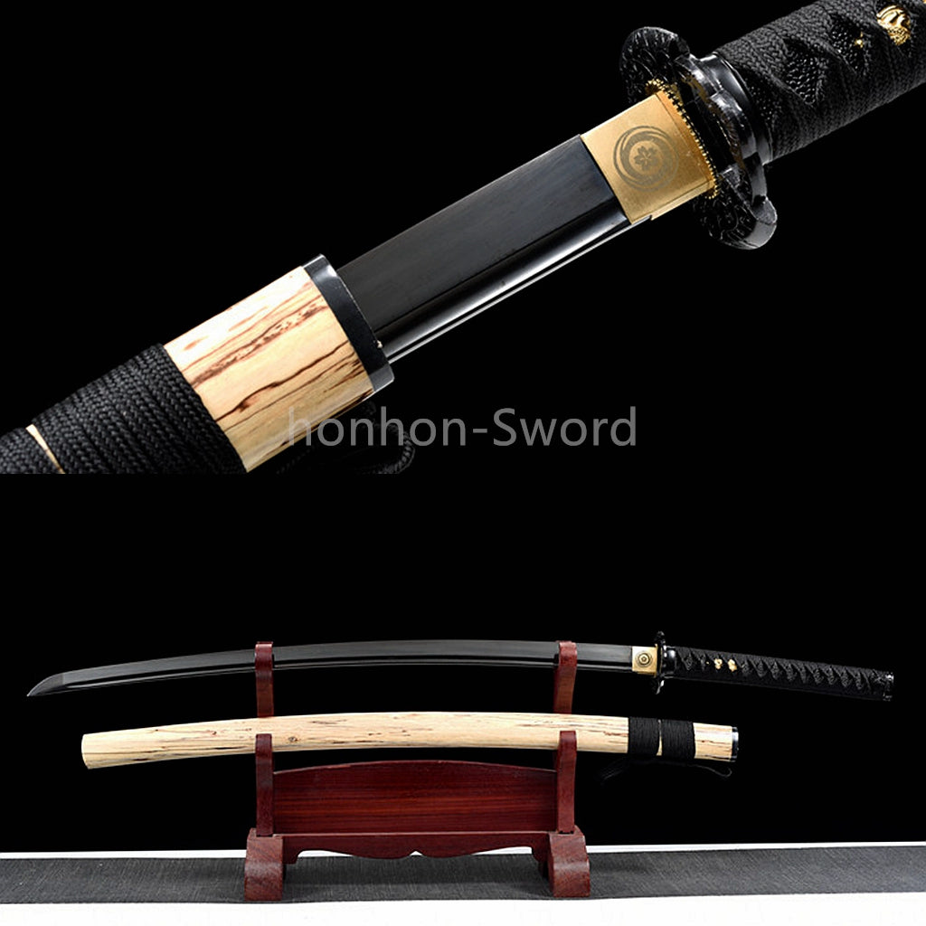 1095 Kohlenstoffstahl Katana Blaue Klinge Japanisches Samurai-Schwert Full Tang Schwarz 