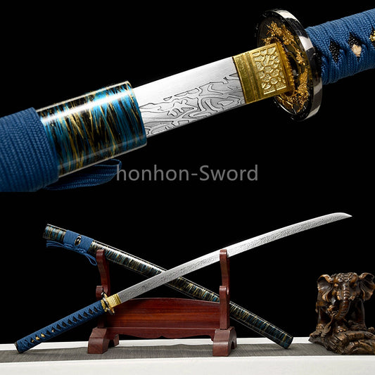 1095 Kohlenstoffstahl Katana Blaue Klinge Japanisches Samurai-Schwert Full Tang Schwarz 