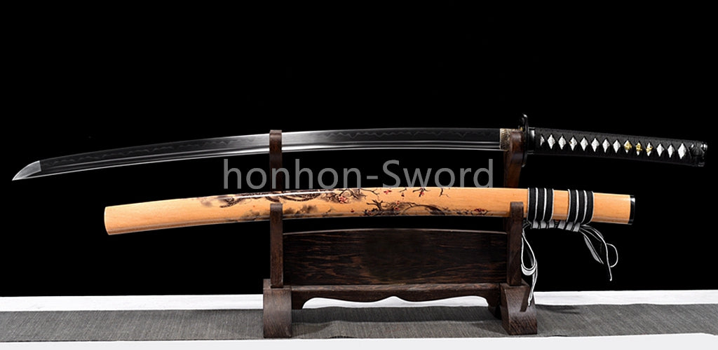 1095 Kohlenstoffstahl Katana Blaue Klinge Japanisches Samurai-Schwert Full Tang Schwarz 