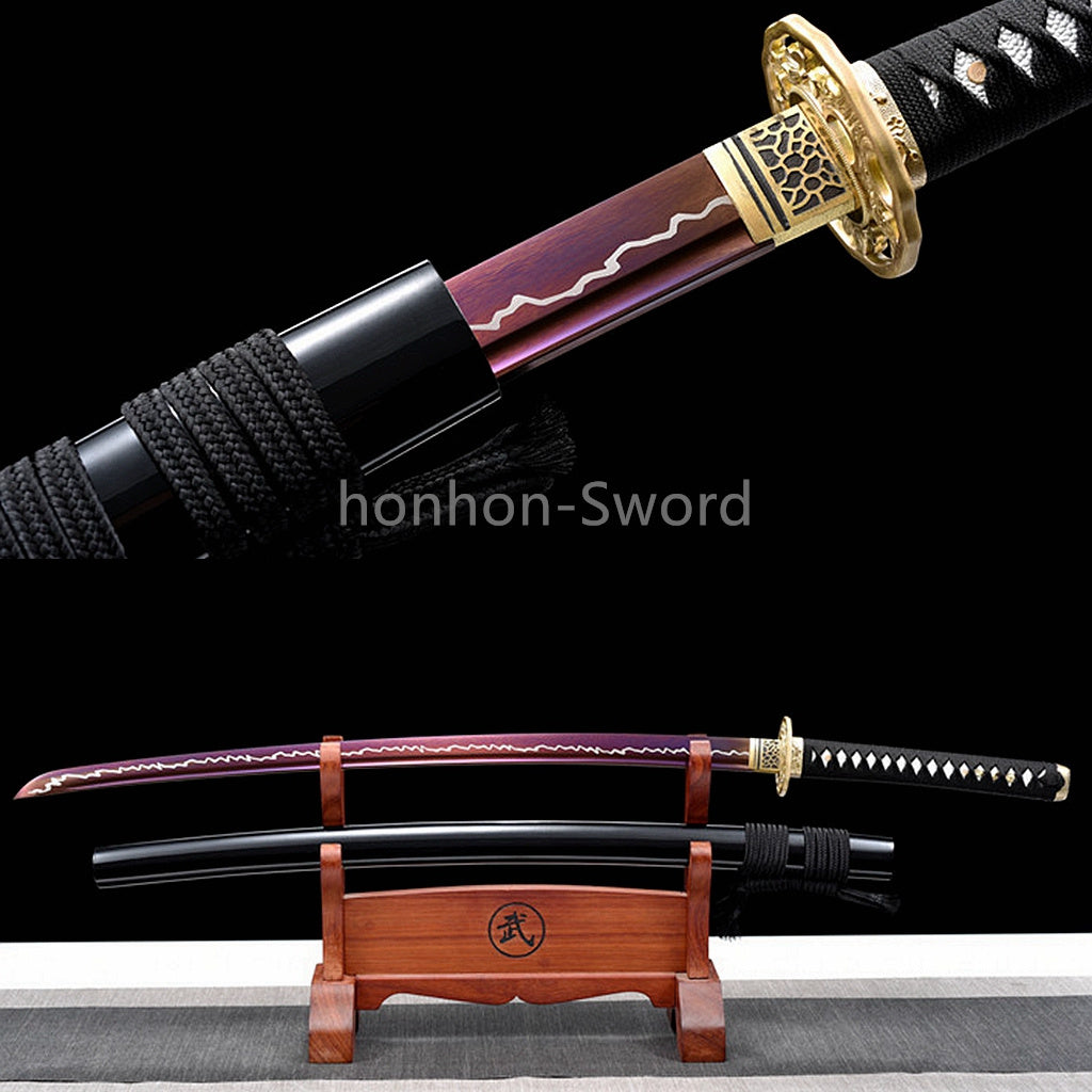 High Manganese Steel Purple Blade Japanese Katana Samurai Sword Full Tang Real For Battle Black