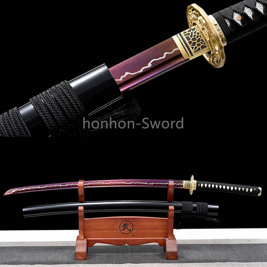High Manganese Steel Purple Blade Japanese Katana Samurai Sword Full Tang Real For Battle Black