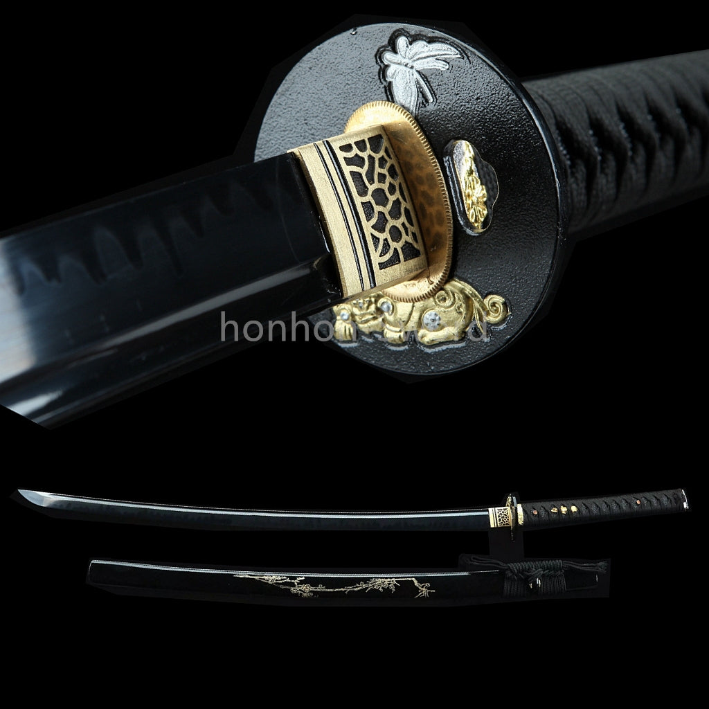Katana à lame bleue en acier à haute teneur en carbone 1095, épée de samouraï japonais, épée complète noire 
