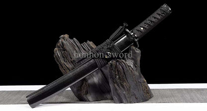 T10 Steel Clay Tempered Japanese Tanto Black Samurai Sword Full Tang Abrasive Blade.