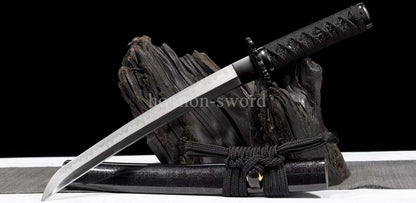 T10 Steel Clay Tempered Japanese Tanto Black Samurai Sword Full Tang Abrasive Blade.